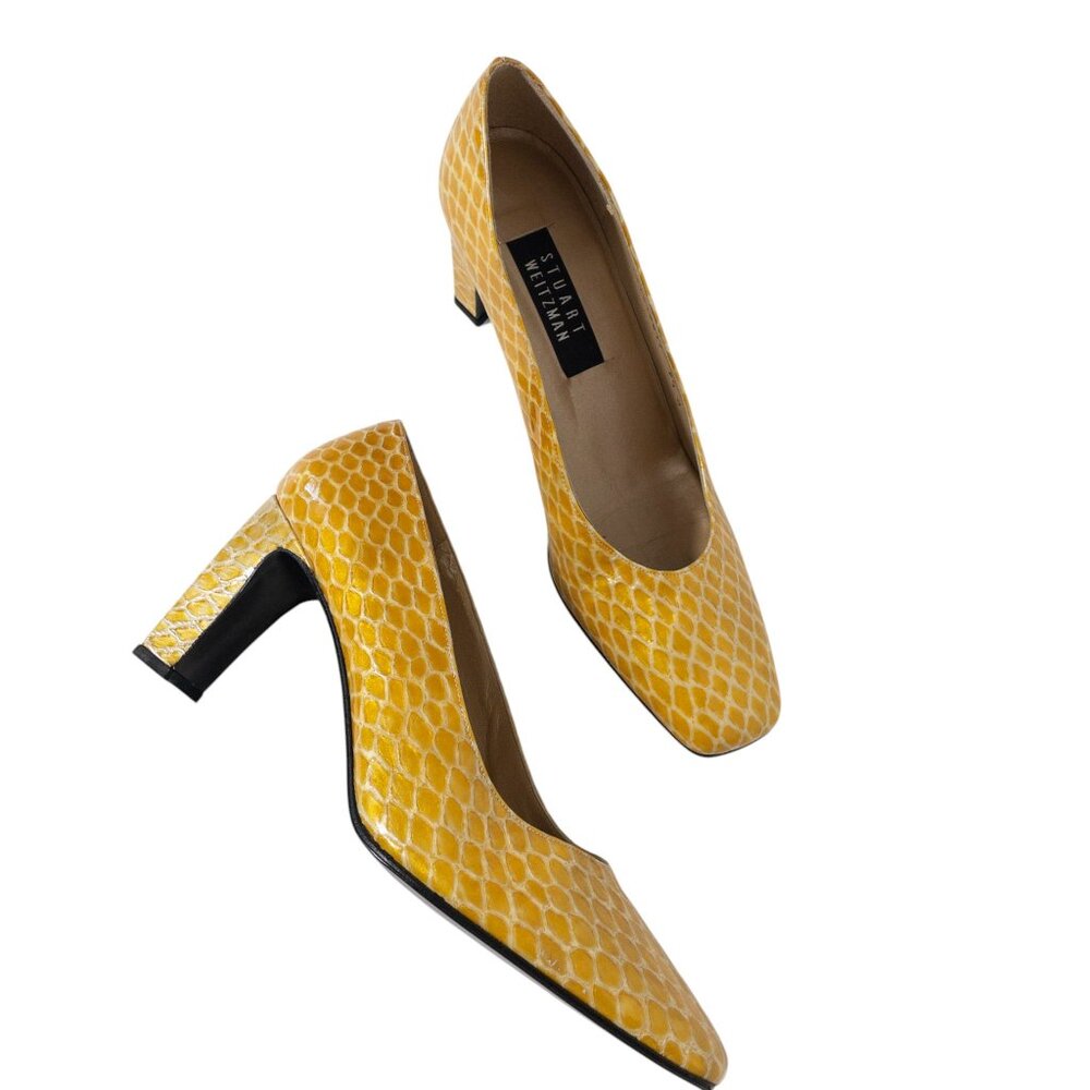 Stuart Weitzman Yellow Snake Print Leather Pump SZ 9.5 Block Heel Bold
